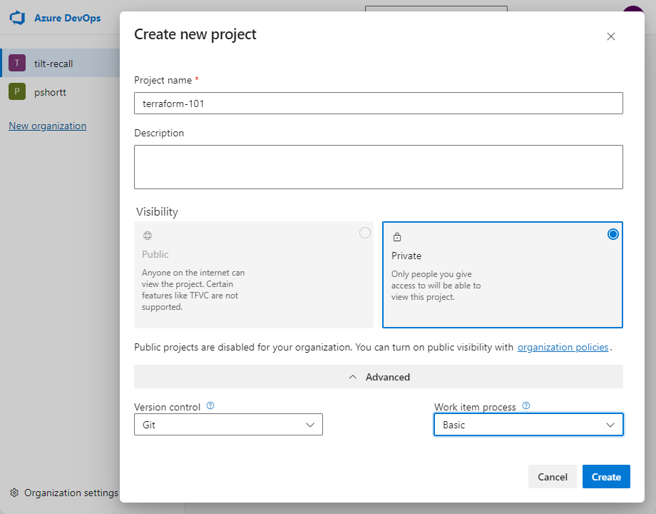 Azure DevOps - New project advanced