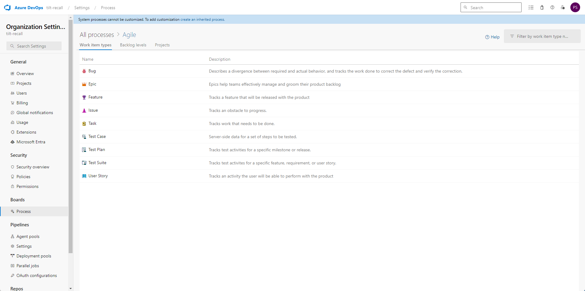 Azure DevOps - Agile defaults