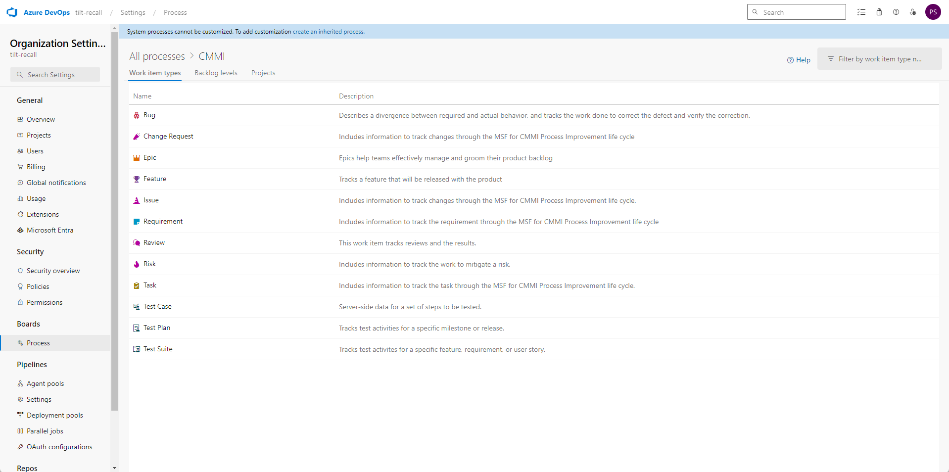 Azure DevOps - CMMI defaults